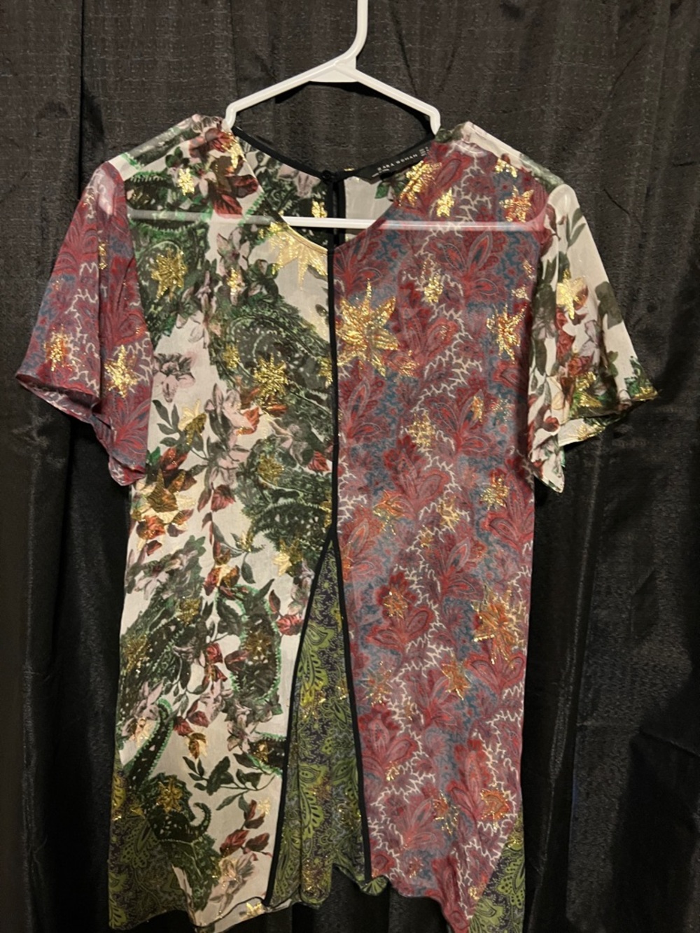 Zara Multicolor Paisley & Floral Short Sleeve Blouse with Gold Detail